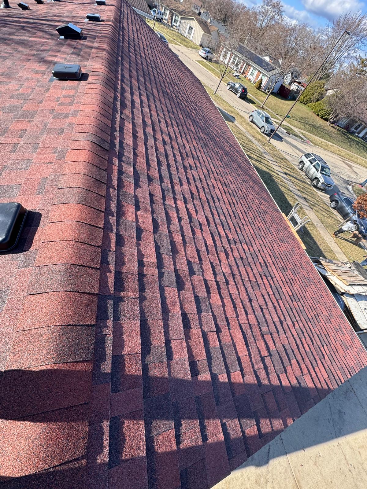 Completed roof installation close-up shingles — roof replacement, storm damage roof repair, roof inspection, roof decking replacement, synthetic underlayment, completed roof installation, New Gen 180 LLC, Elgin IL, residential roofing
