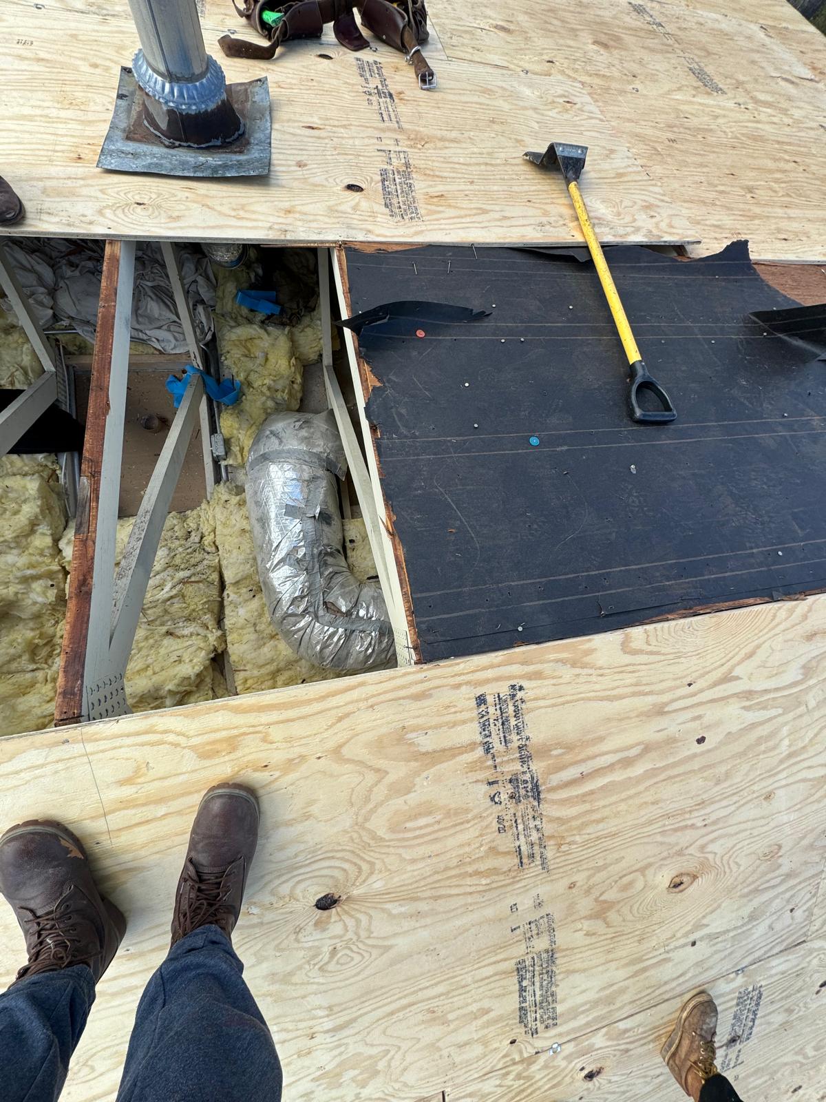 Structural repair near ductwork during roof replacement — roof replacement, storm damage roof repair, roof inspection, roof decking replacement, synthetic underlayment, completed roof installation, New Gen 180 LLC, Elgin IL, residential roofing