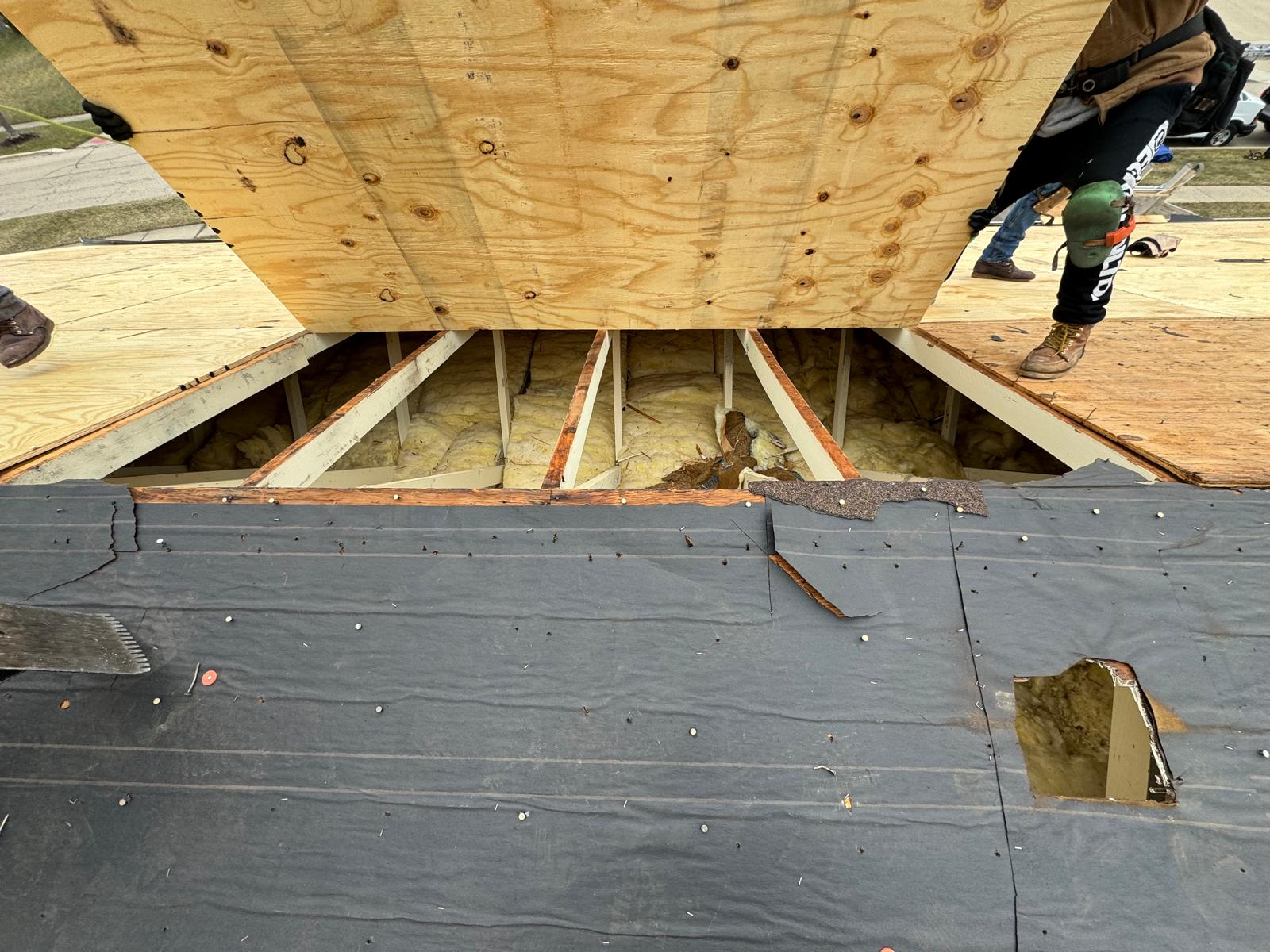 Roof opened to rafters during structural repair — roof replacement, storm damage roof repair, roof inspection, roof decking replacement, synthetic underlayment, completed roof installation, New Gen 180 LLC, Elgin IL, residential roofing