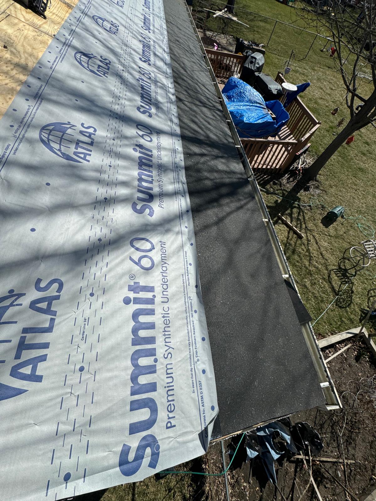 ATLAS Summit 60 premium synthetic underlayment — roof replacement, storm damage roof repair, roof inspection, roof decking replacement, synthetic underlayment, completed roof installation, New Gen 180 LLC, Elgin IL, residential roofing